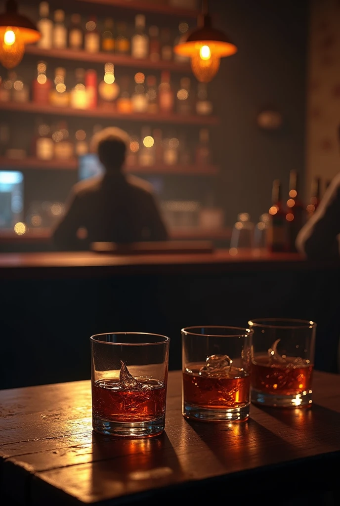 Make a realistic ambience of a bar where infront a table and there is three whiskey glass and there is bar 