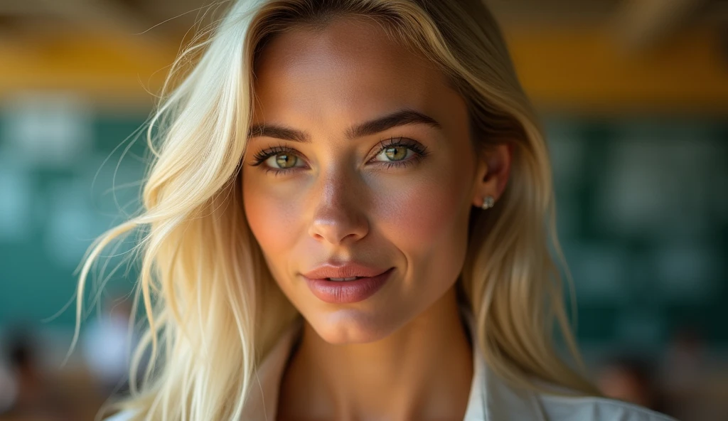 Beautiful 35 years old teacher, blonde/silver hair, big natural hanging breasts, full detailed beautiful soft face, detailed eyes, detailed feet and legs, detailed mouth, sexy Make-Up, she looks at you like she wants to seduce you, perfect sunny lighting, detailed gym background, sun tan, wearing a blouse, wearing a black pantyhose, wearing, wearing black high heels