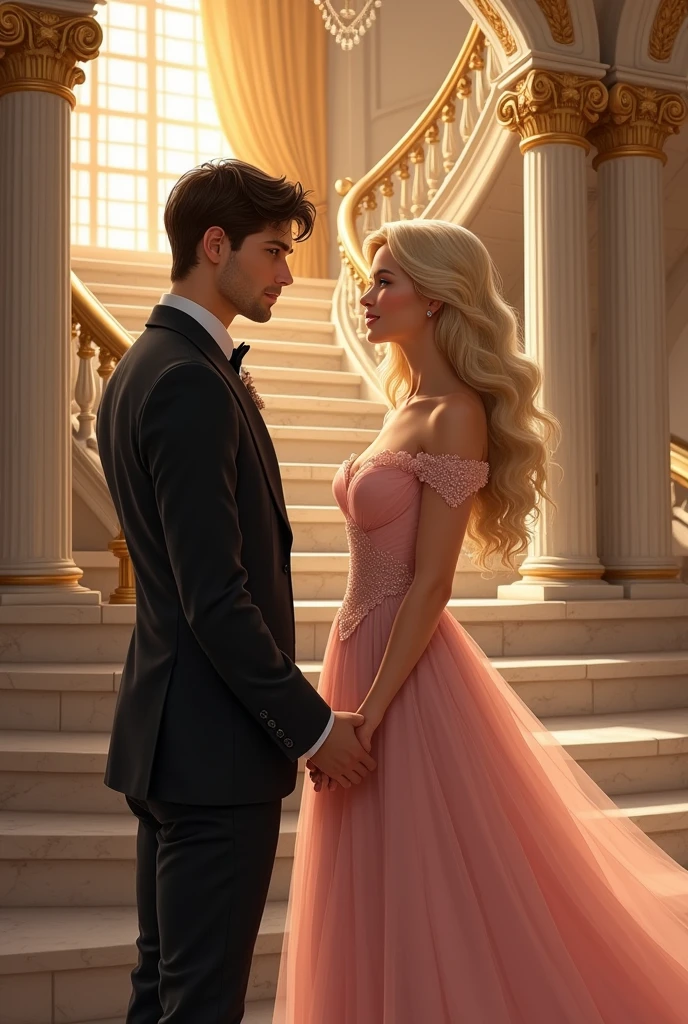 A handsome young boy of twenty years. He has fair complexion and dark brown hair. He has brown eyes. He is wearing a black suit. He is standing infront of stairs in a ball room. A beautiful young girl of twenty years is standing on the staircase. She is wearing a light pink Ball gown and has long blond hair. She has fair skin. She is letting her right hand and the boy is holding her hand. They are in a ball room. 