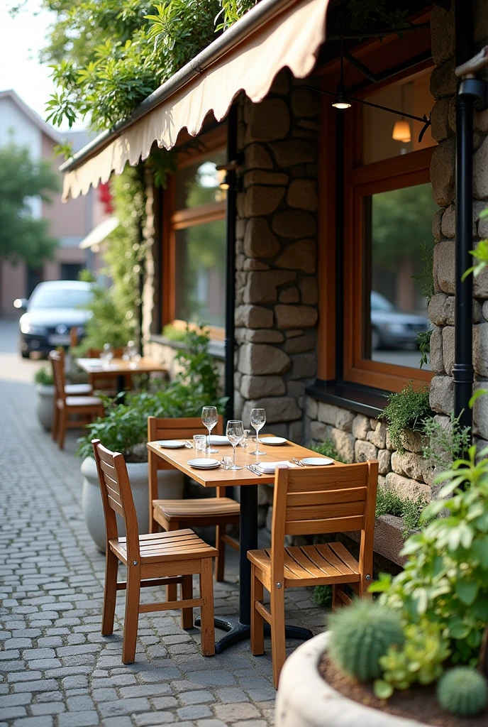 Outdoor dining right next to the road where cars drive as a windbreak in U shape stone pots with small plants