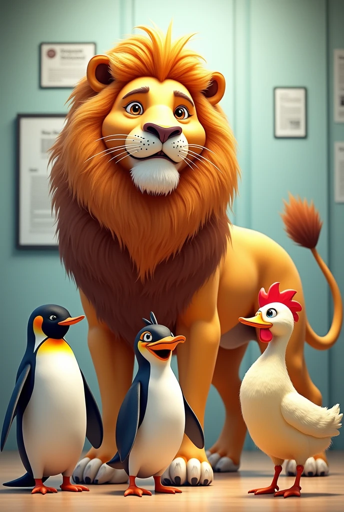 Create a panel with 5 Animals:  Lion, penguin, catboy, chicken and a duck. And the title pedagogical exhibition 
