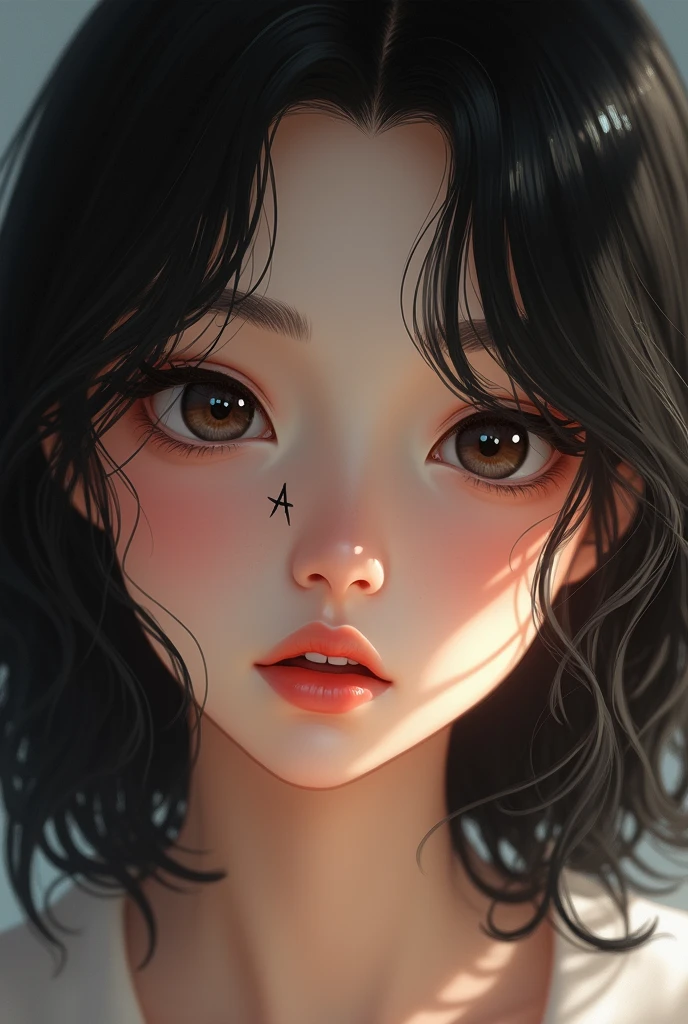 A beautiful girl having a black birth mark on left upper side of lip between nose and lip, having small teeth, big eyes 
Black hair ,light creamy colour face
