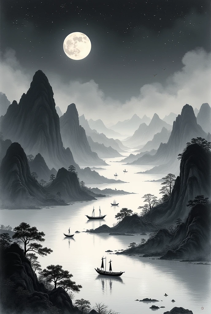 Ink painting of mountains, rivers and boats in the night sky