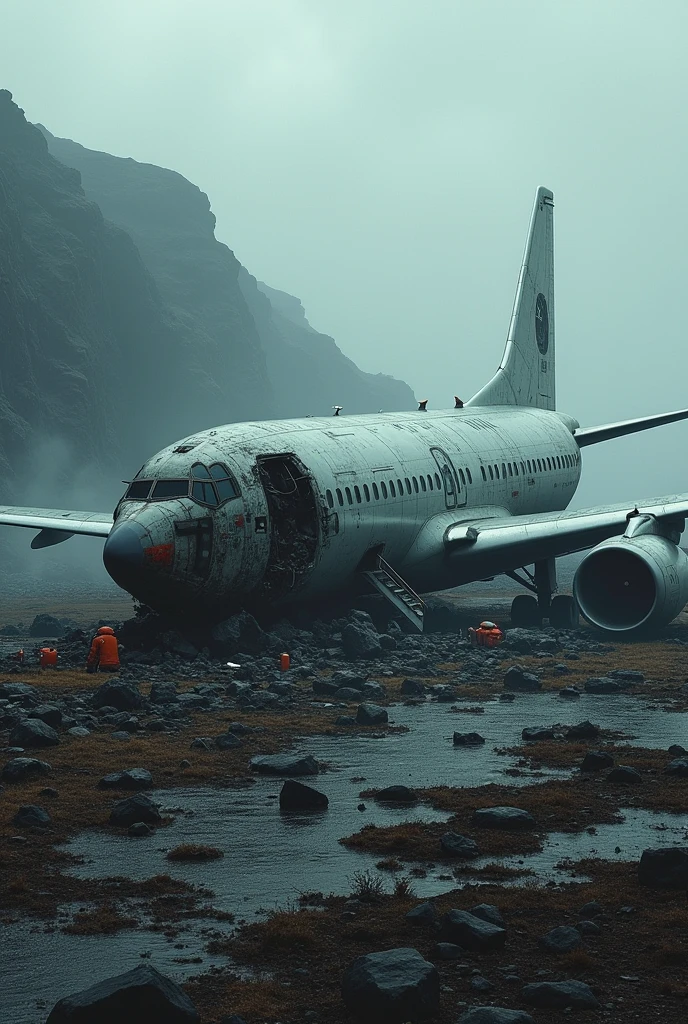 A large airplane The plane is lying crushed in the snowy mountains. Blood is scattered on the snow around it. Some human dead bodies are lying there. The color of the plane is dark blue.