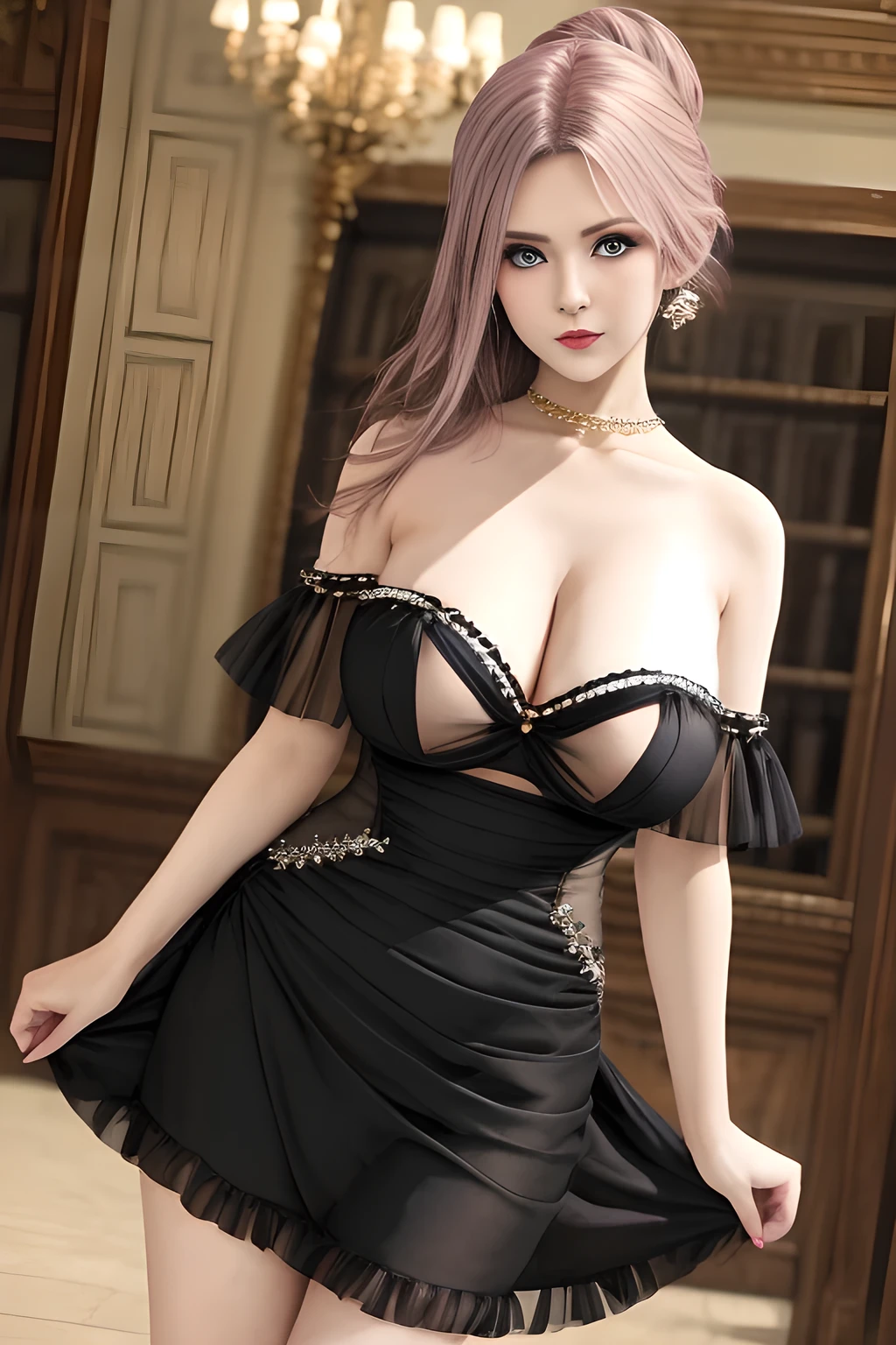 1girl ,flirtatious expression, wearing an elegant black strapless dress. The perspective-dress is beautifully designed with ruching on the bodice and a cascading ruffled asymmetrical hem, adding a playful and chic touch to the outfit. The person is standing upright, with one hand gently touching their leg and the other hand relaxed by their side. The background is plain and neutral, drawing attention to the dress itself. The lighting is soft, highlighting the details of the dress and creating a fashionable and stylish atmosphere,, huge breasts,mature women, elise