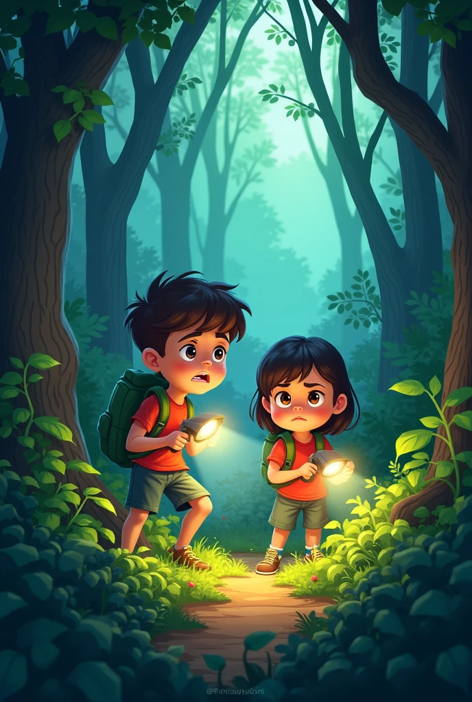 Searching High and Low
*Image prompt: Timmy and Emma searching through bushes, trees, and undergrowth, with flashlights or looking worried, in a bright and colorful forest.