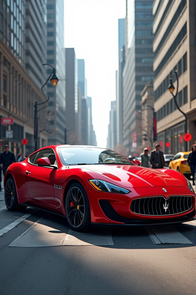 À red car in the street