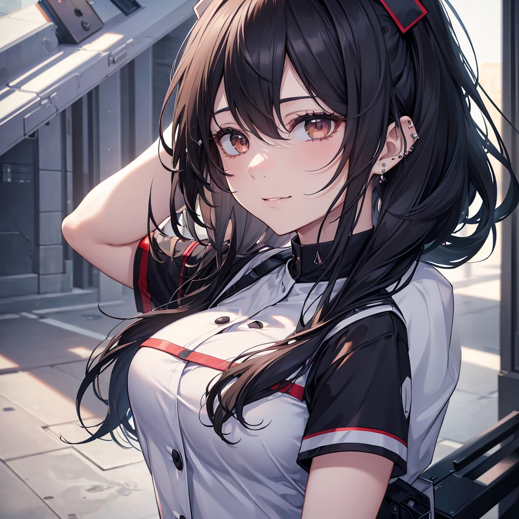 a nurse aide, with long dark hair, piercing gaze, and a stern expression, no cap, full body view, high resolution, detailed, anime-style illustration, beautiful black hair, almond-shaped eyes, brown eyes, looking down with an intense, psychotic demeanor, large breasts, no piercings, smile,(best quality,4k,8k,highres,masterpiece:1.2),ultra-detailed,(realistic,photorealistic,photo-realistic:1.37)