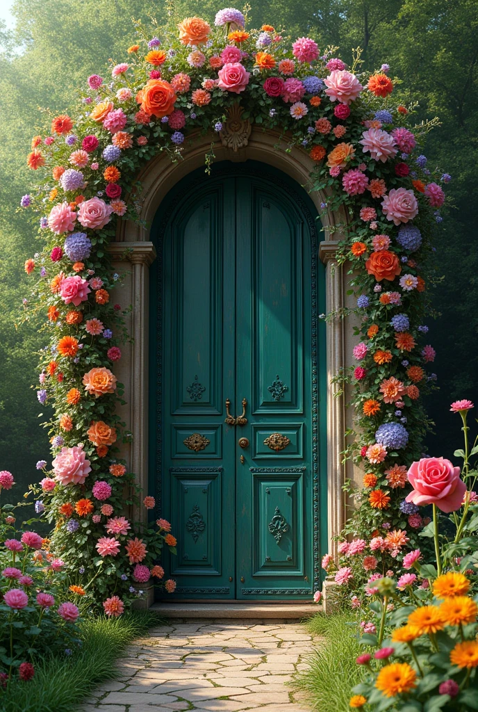 Create a wonderful door image where everywhere covered with fresh flowers 