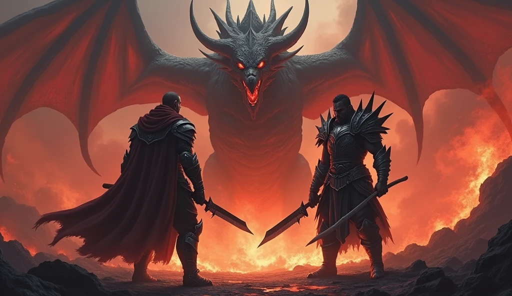 Two warriors standing in front of dragon in the background in hell