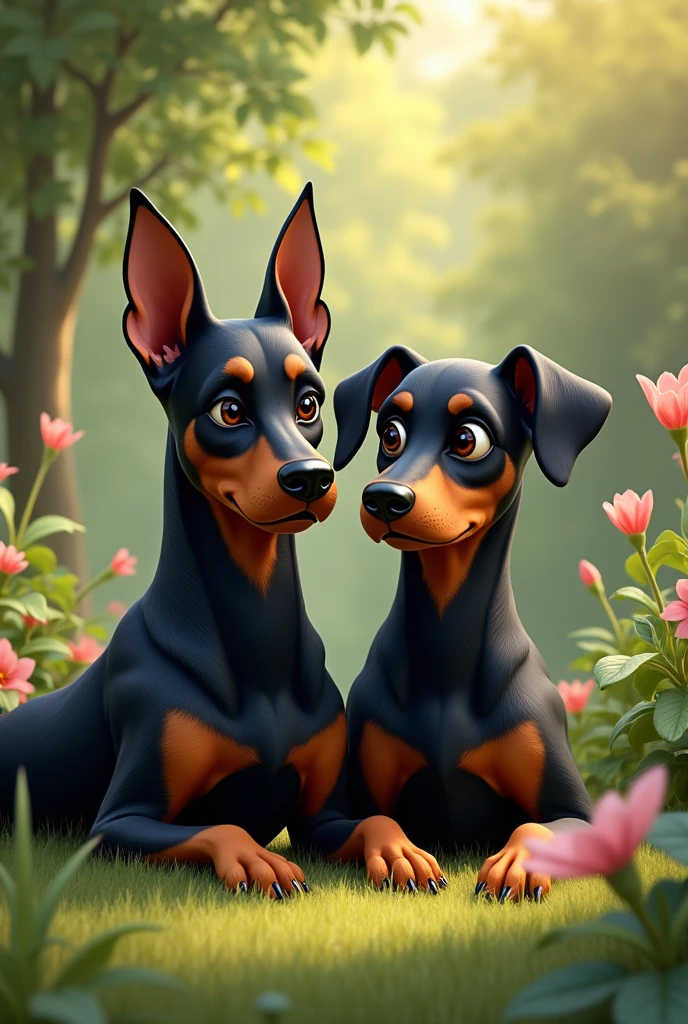 Small, slightly chubby Doberman dog with an old, slightly dark-haired, not-so-gray-haired dog in a garden 