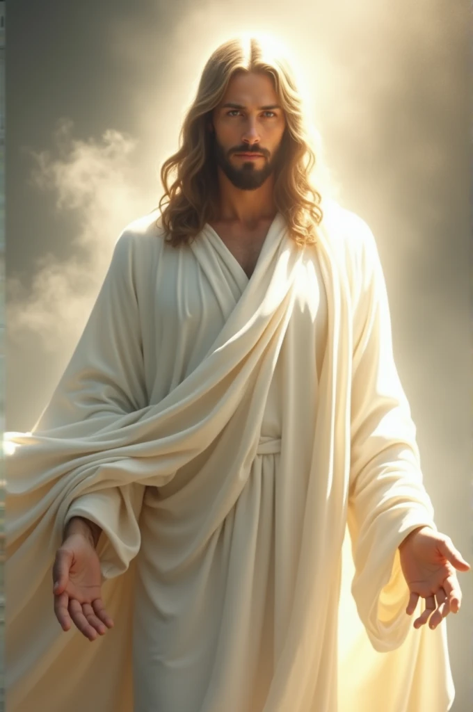 Jesus from the front looking at me, a robe as white as snow