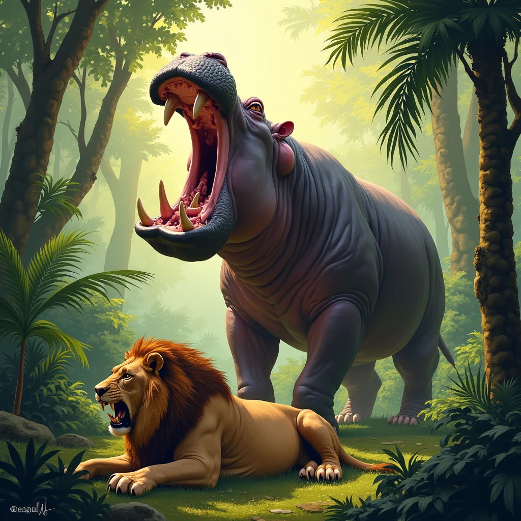 Hipopotamo standing on a lion that it fought in the beautiful jungle