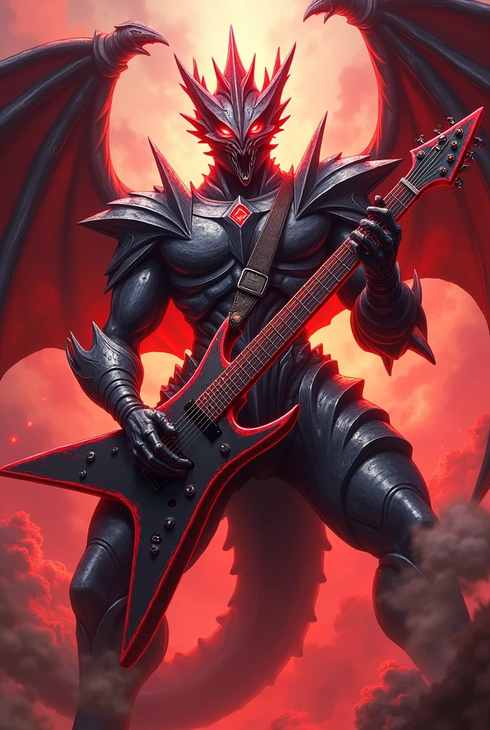 Create art for a Yu-Gi-Oh card I'm creating, an improved version of the letter "Lord of Red". This new art should have the aforementioned monster but with a metallic appearance and red glow holding a guitar with the design based on the monster itself. "Red-eyes B. dragon".