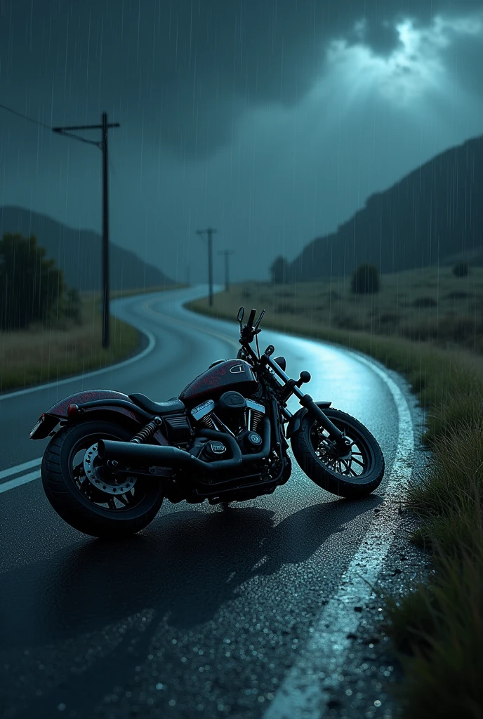 Dark stormy night, motorcycle accident in curve of desserted single lane road, no people