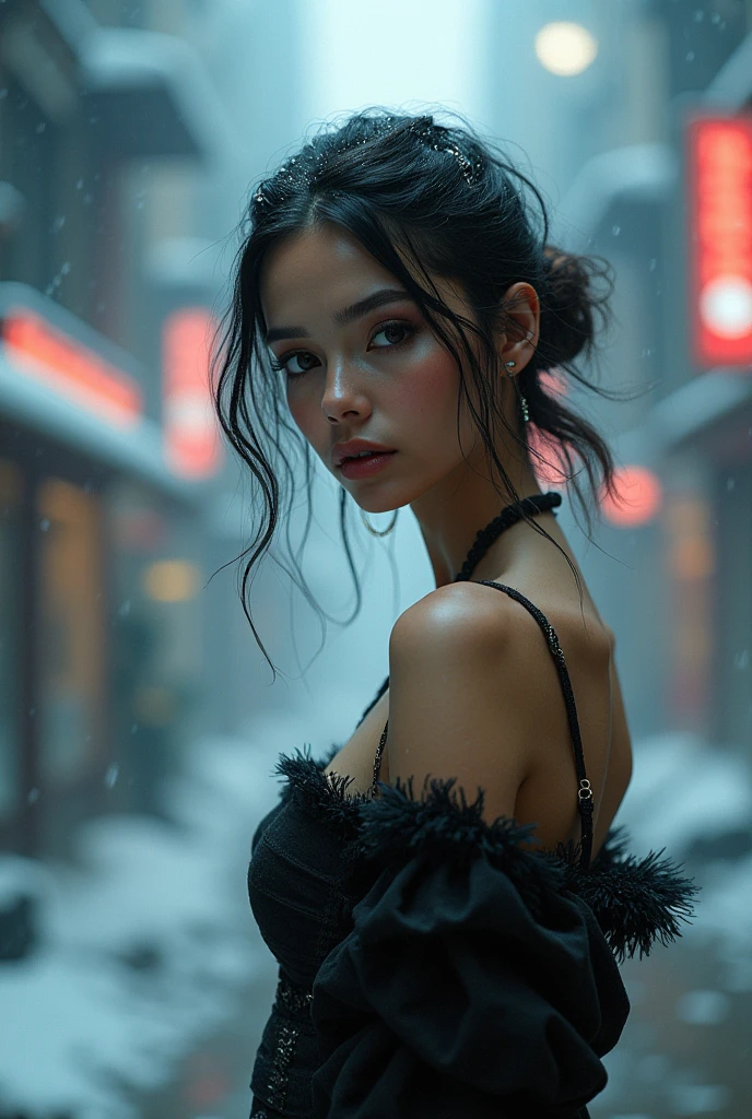 original photo, (best quality:1.3), high resolution, (masterpiece), (lifelike:1.4), Professional photography, Be focused, High Dynamic Range, 8k resolution, Intricate details, Fine details, Depth of Field, Extremely detailed CG unified 8k wallpaper, masterpiece,poster,best quality,Official Art,(Beauty and aesthetics:1.2),(masterpiece:1.3),woman,Single breast,Complex Mode,winter,Cyberpunk style city,semi-body photography,