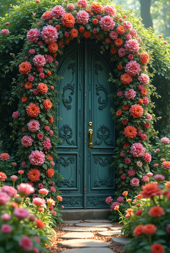 Create a wonderful door image where everywhere covered with fresh flowers