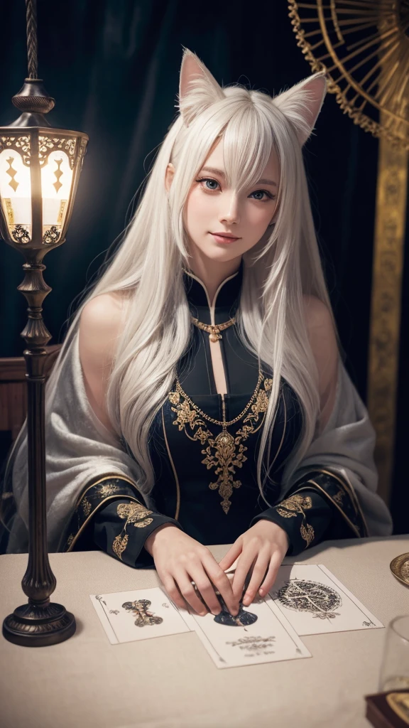 (masterpiece, highest quality, highest quality, official art, beautiful and aesthetic: 1.2), (one girl: 1.3), wavy long hair, white hair, Cat ears on the head,highly detailed portrait, highly detailed hands, looking at the viewer, alone, (whole body: 0.6), detailed background, close, shining eyes, (cold arctic winter theme: 1.1), fortune teller, Charlatan, grin, Mysterious, sitting at the table, カラフルな肩のないゆるいジプシーfortune tellerの服, holy grail, tarot cards, Crystal jade, Medieval (inner tent: 1.1) background, tent curtain on background, dark Mysterious lighting, Shadow, magical atmosphere, starry night, dutch angle, healing and guidance, transcendental beauty, fractal art, Seaweed,