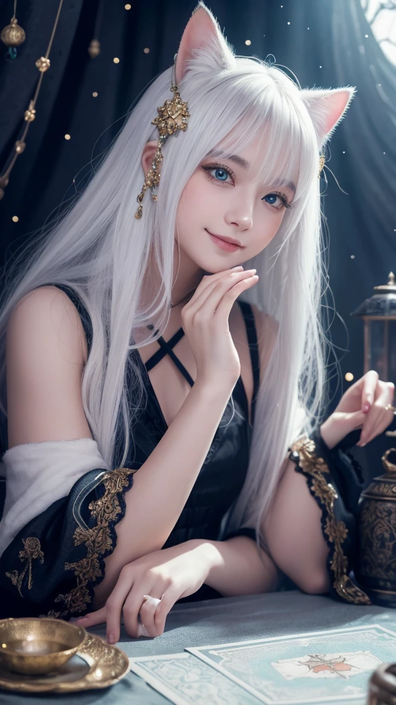 (masterpiece, highest quality, highest quality, official art, beautiful and aesthetic: 1.2), (one girl: 1.3), wavy long hair, white hair, Cat ears on the head,highly detailed portrait, highly detailed hands, looking at the viewer, alone, (whole body: 0.6), detailed background, close, shining eyes, (cold arctic winter theme: 1.1), fortune teller, Charlatan, grin, Mysterious, sitting at the table, カラフルな肩のないゆるいジプシーfortune tellerの服, holy grail, tarot cards, Crystal jade, Medieval (inner tent: 1.1) background, tent curtain on background, dark Mysterious lighting, Shadow, magical atmosphere, starry night, dutch angle, healing and guidance, transcendental beauty, fractal art, Seaweed,
