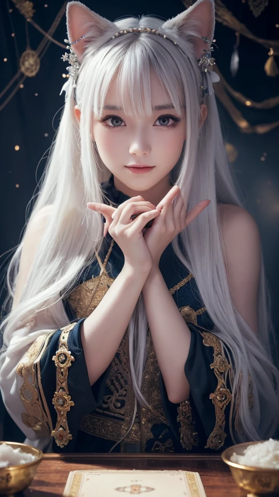 (masterpiece, highest quality, highest quality, official art, beautiful and aesthetic: 1.2), (one girl: 1.3), wavy long hair, white hair, Cat ears on the head,highly detailed portrait, highly detailed hands, looking at the viewer, alone, (whole body: 0.6), detailed background, close, shining eyes, (cold arctic winter theme: 1.1), fortune teller, Charlatan, grin, Mysterious, sitting at the table, カラフルな肩のないゆるいジプシーfortune tellerの服, holy grail, tarot cards, Crystal jade, Medieval (inner tent: 1.1) background, tent curtain on background, dark Mysterious lighting, Shadow, magical atmosphere, starry night, dutch angle, healing and guidance, transcendental beauty, fractal art, Seaweed,