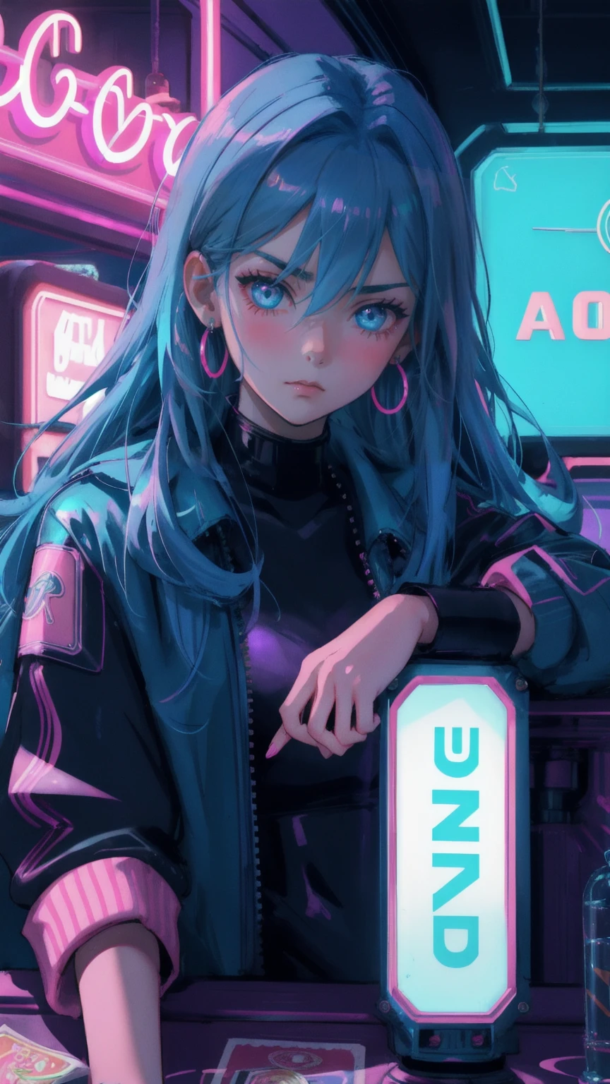 A cute anime girl with vibrant purple and blue hair sits at a casino table, her expression a mix of worry and concentration. She's bathed in the glow of neon lights, emphasizing her large, expressive eyes and the sweat on her brow. The background is a deep, rich blue, creating a moody atmosphere in the futuristic casino. Neon signs in various shades of pink and green pop against the blue, all displaying variations of 'No Coin No Gain'. The table before her is littered with chips and cards, glowing with an eerie light. The art style is highly detailed, blending cyberpunk aesthetics with anime charm