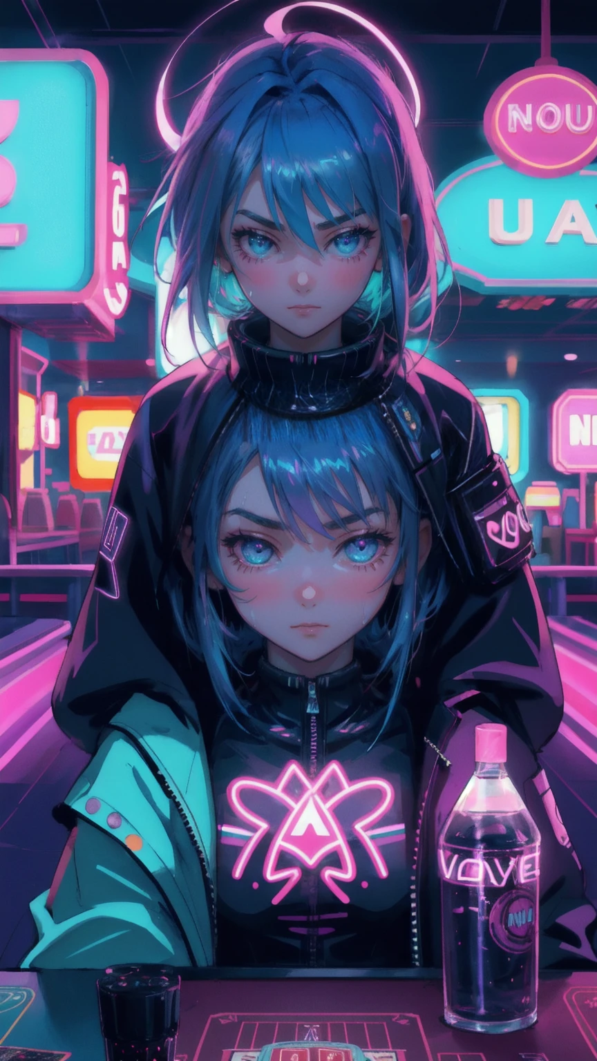 A cute anime girl with vibrant purple and blue hair sits at a casino table, her expression a mix of worry and concentration. She's bathed in the glow of neon lights, emphasizing her large, expressive eyes and the sweat on her brow. The background is a deep, rich blue, creating a moody atmosphere in the futuristic casino. Neon signs in various shades of pink and green pop against the blue, all displaying variations of 'No Coin No Gain'. The table before her is littered with chips and cards, glowing with an eerie light. The art style is highly detailed, blending cyberpunk aesthetics with anime charm