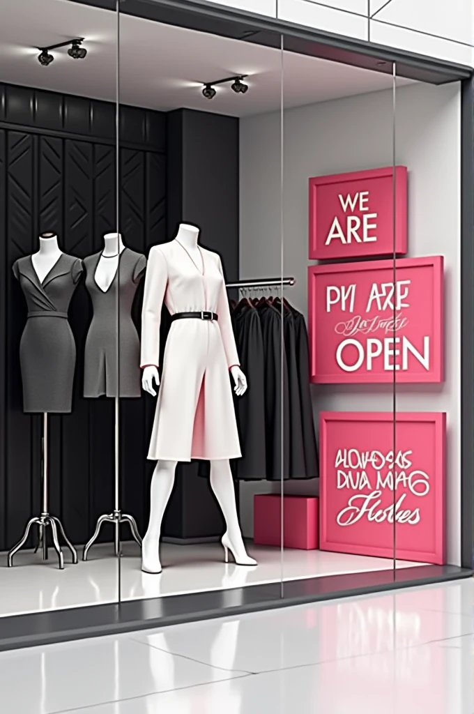 Create a store flyer showing some clothing items with a black and white background. With a pink plaque that says "we are open" and another smaller one written " Always a Diva with new clothes"