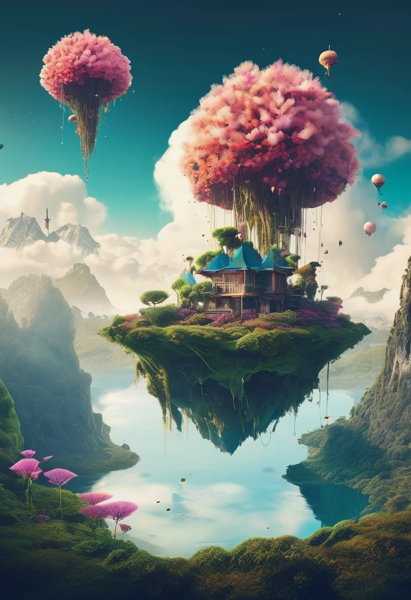Generate a surreal landscape image featuring floating islands, upside-down mountains, and unconventional flora. Include a dreamlike quality, pushing the boundaries of reality. Conjure a scene that has imaginative and otherworldly elements.”