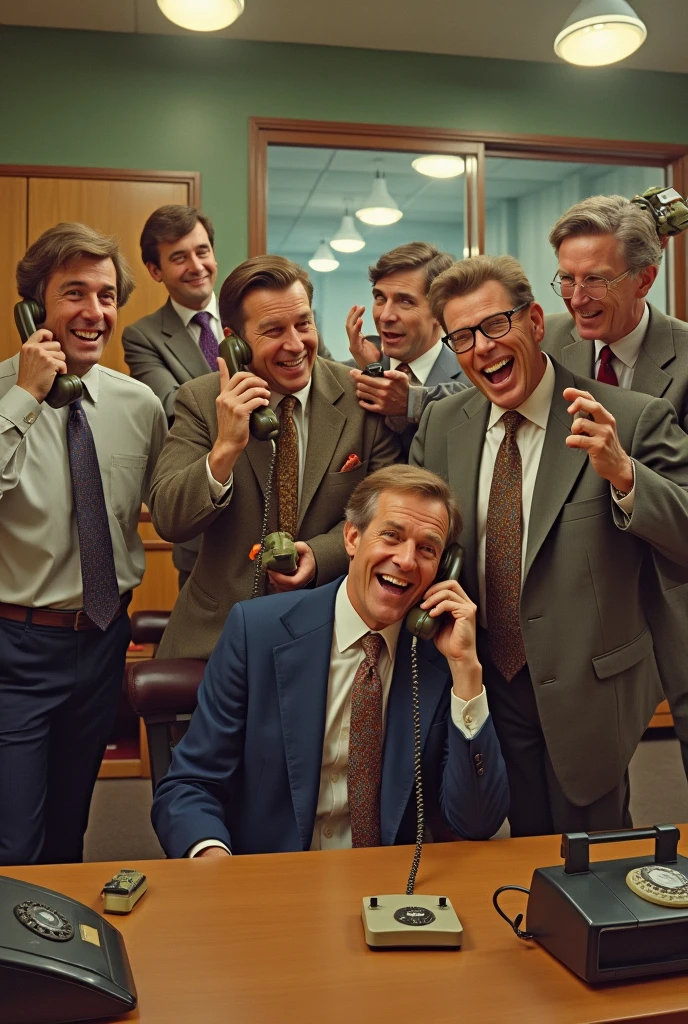 A group of 70s man's using telephone and fun
