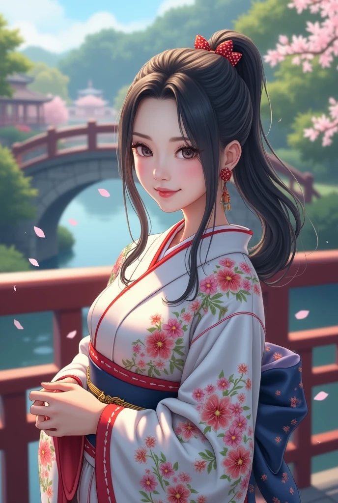 (masterpiece、Highest quality、8k、High resolution)、Traditional Japanese beauty in kimono、The best girl in anime、Floral pattern on white background、Vibrant colors、Japanese garden、There is a pond、Colorful flowers、Vibrant colors、Cherry Blossom、There is a drum bridge、A complete portrayal、Detailed anime art、