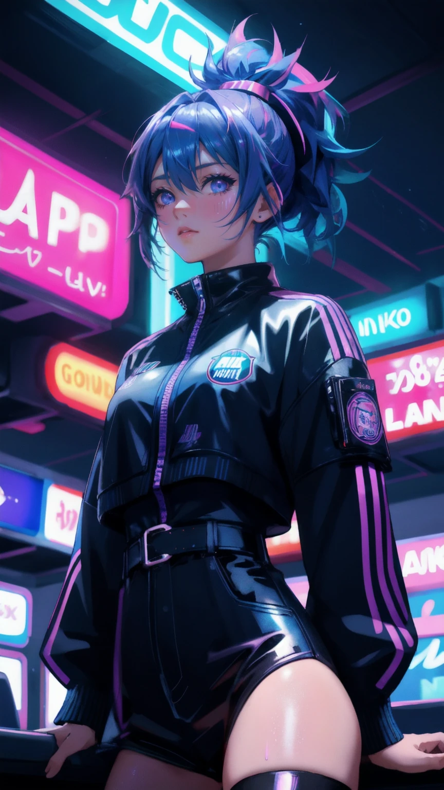 An adorable anime-style girl with a striking blue and purple mohawk leans over a brightly lit gambling table. Her wide eyes reflect the colorful chips before her, conveying a sense of nervousness and excitement. The entire scene is set against a deep blue background, creating a sense of depth and night-time ambiance. Neon signs and holographic displays float in the blue space, all proclaiming 'No Coin No Gain' in various fonts and colors. The girl's shirt is damp with sweat, glistening under the harsh casino lights. The overall style is a blend of detailed realism and exaggerated anime features, with a strong cyberpunk influence.