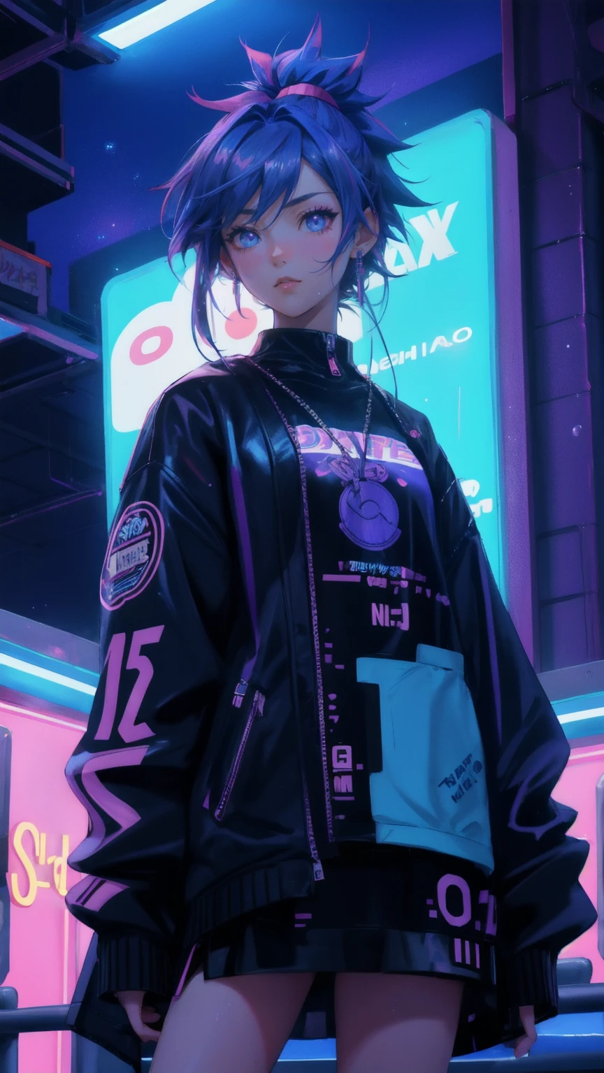 An adorable anime-style girl with a striking blue and purple mohawk leans over a brightly lit gambling table. Her wide eyes reflect the colorful chips before her, conveying a sense of nervousness and excitement. The entire scene is set against a deep blue background, creating a sense of depth and night-time ambiance. Neon signs and holographic displays float in the blue space, all proclaiming 'No Coin No Gain' in various fonts and colors. The girl's shirt is damp with sweat, glistening under the harsh casino lights. The overall style is a blend of detailed realism and exaggerated anime features, with a strong cyberpunk influence.