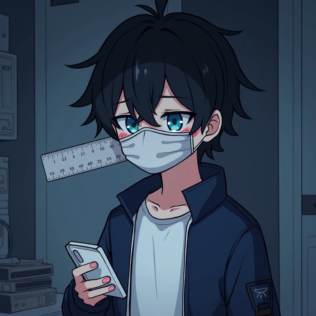 One person,Handsome,Black Hair, blue eyes, White T-shirt,Navy blue jacket,smartphone,computer,mask,anime風,An illustration,Drooping eyes,Illness,night,Streamer asymmetrical hairstyle, seems kind,Confused eyes,maskで鼻を隠す,Droopy eyes,Ruler,internet,Simple Background,cute,anime,Default,Chibi Character