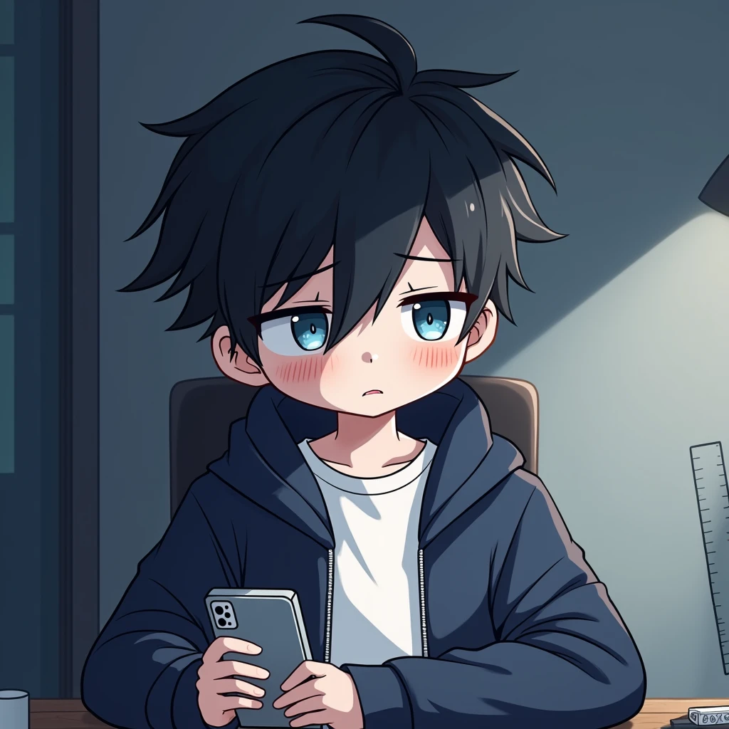 One person,Handsome,Black Hair, blue eyes, White T-shirt,Navy blue jacket,smartphone,computer,mask,anime風,An illustration,Drooping eyes,Illness,night,Streamer asymmetrical hairstyle, seems kind,Confused eyes,maskで鼻を隠す,Droopy eyes,Ruler,internet,Simple Background,cute,anime,Default,Chibi Character