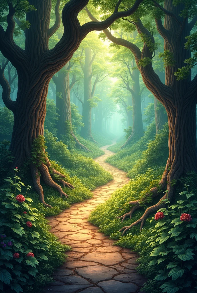 A winding path through a forest, a kaleidoscope of colors.