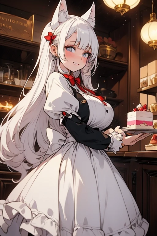 A young white haired woman with copper eyes and an hourglass figure with white fox ears and a white fox tail in a Lolita maid uniform is serving a slice of cake in a fancy maid cafe with a big smile