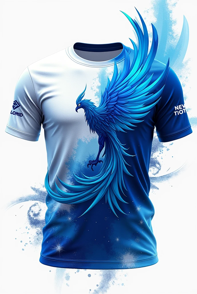 A T-shirt design with a blue and white color schemes and add abstract and artistic design in tshirt. The right side of the shirt features a blue phoenix logo, with the word 'Diamond' written in left side in a bold, athletic font.