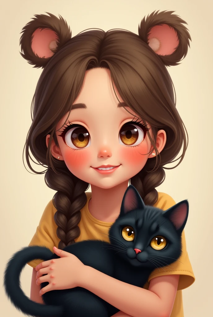 Young girl with braided hair, cute smile, wearing bear ears, holding a black cat.