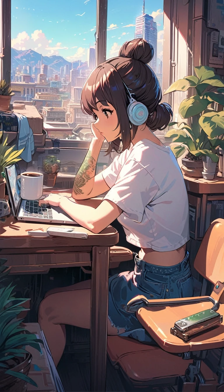 (extremely detailed CG unity 8k wallpaper), (best quality), (best illustration), (best shadow), realistic lighting, beautiful detailed reglow, masterpiece, best quality, lofi artstyle, lofi art, city, town, 80s anime style, Retro, Lo-Fi, 1girl, arm tattoo, black hair, brown hair, cactus, coffee mug, computer, cup, tablet, from side, hair bun,  indoors, jewelry, laptop, mug, piercing, plant, potted plant, shirt, short sleeves, single hair bun, sitting, solo, stylus, sunlight, t-shirt, table, tattoo, white shirt, window, use headphone, headphone