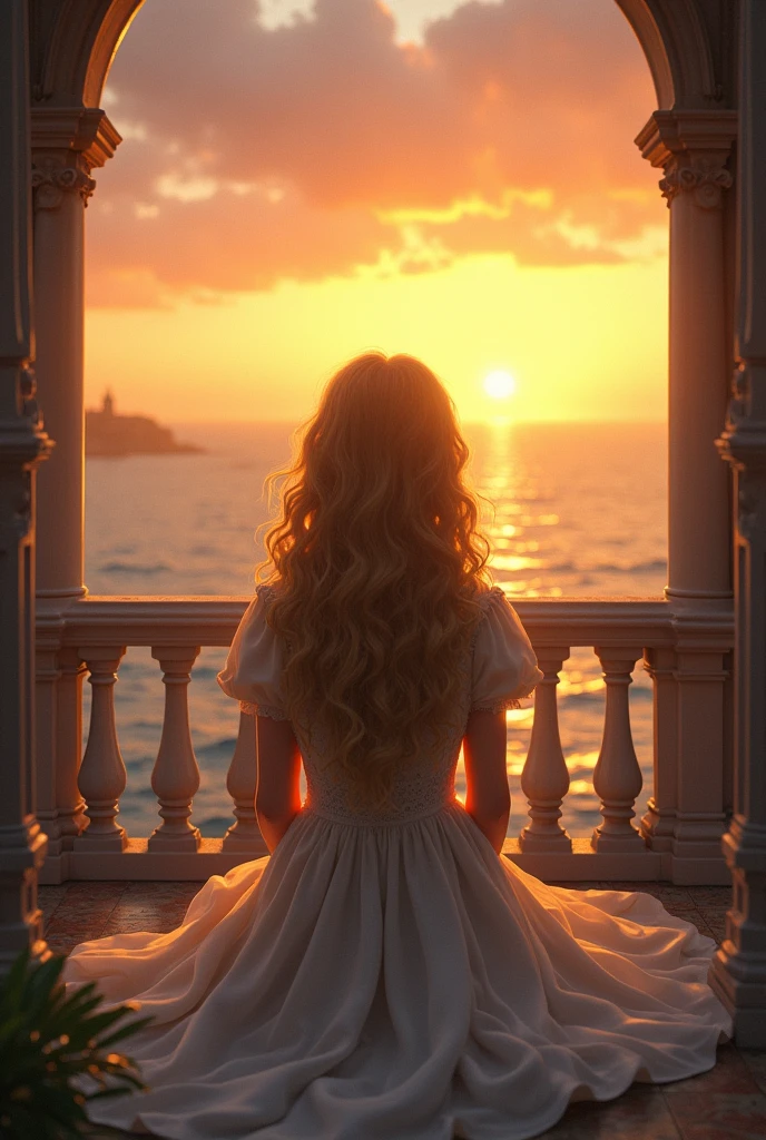 A 14 year old girl with long curly yellowish hair sitting on a balcony of the victorian era facing backwards watching the sunset by the sea with a long wavy white dress