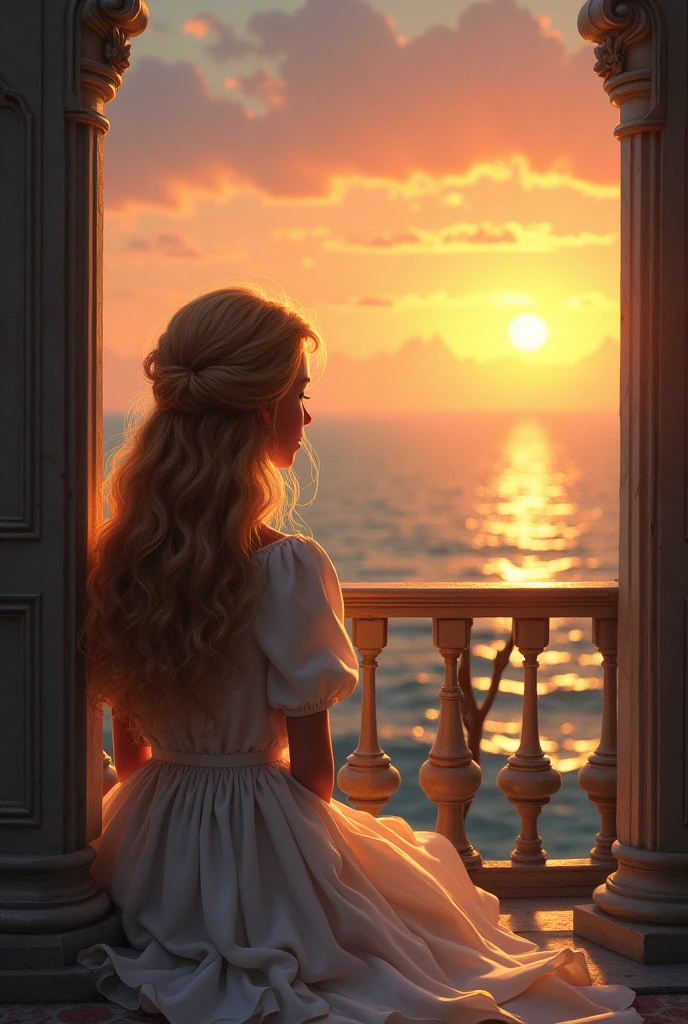 A 14 year old girl with long curly yellowish hair sitting on a balcony of the victorian era facing backwards watching the sunset by the sea with a long wavy white dress