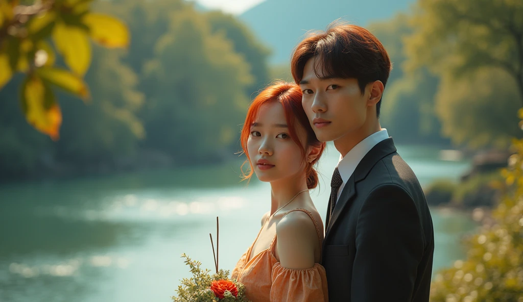 Asian couple posing for a photo in front of a river, The girl has bright red hair and round cheeks, a bit plump. looking at the camera, lovely couple, 8 K)), Kim Do-yeon, 🚿🗝📝, Jinyoung Shin, 🍁 Cute, couple pose, ❤🔥🍄🌪, nostalgic 8 K, Bae Suzy, ✨🕌🌙, 4k post, 4k post, Oljan, fashion, cinematic, Photo