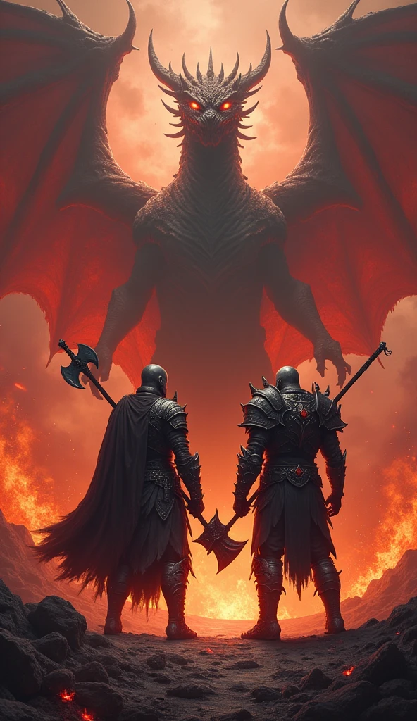 Two warriors standing in front of dragon in the background in hell
