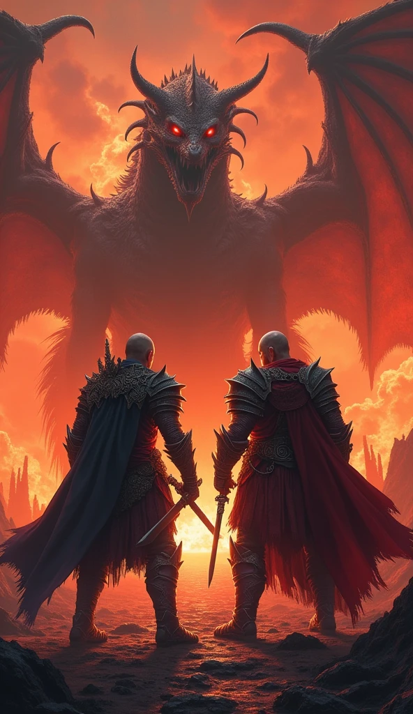 Two warriors standing in front of dragon in the background in hell