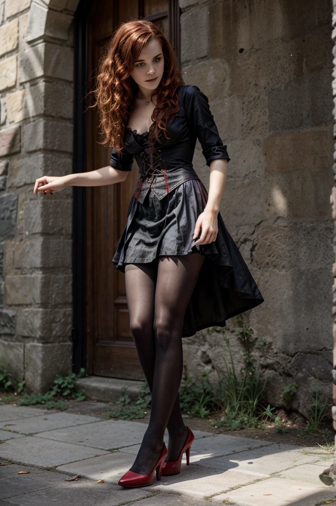 Emma Watson, vampire girl, very curly red hair, gothic clothes, blue pantyhose, high heels, sun shiny day