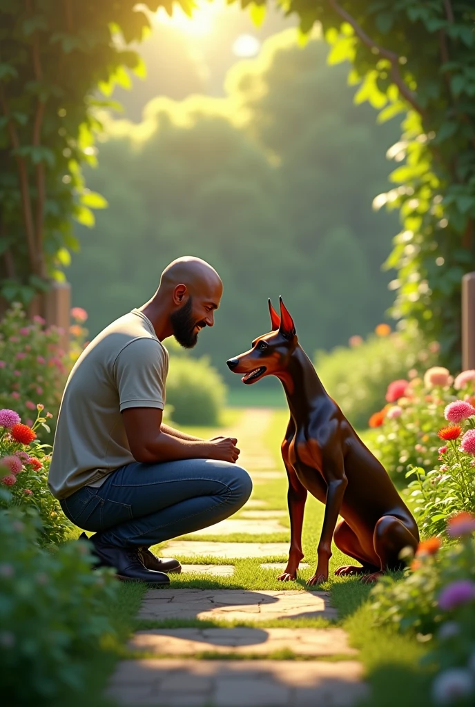 A small, slightly chubby Doberman dog with a slightly dark-skinned, bald man in a garden 