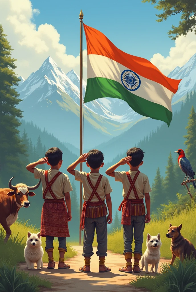 Himalayan Sikkim Tibetan and Nepali tribal  boy saluting india national flag, looking front, dogs and cow and brid enjoying 