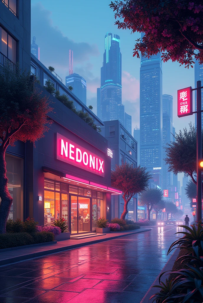 Make a aesthetic, futuristic and modern background for a shop. there will be a street, trees and flowers and in the middle a shop with name tag neonix. add some animation and like Japan (PC size )