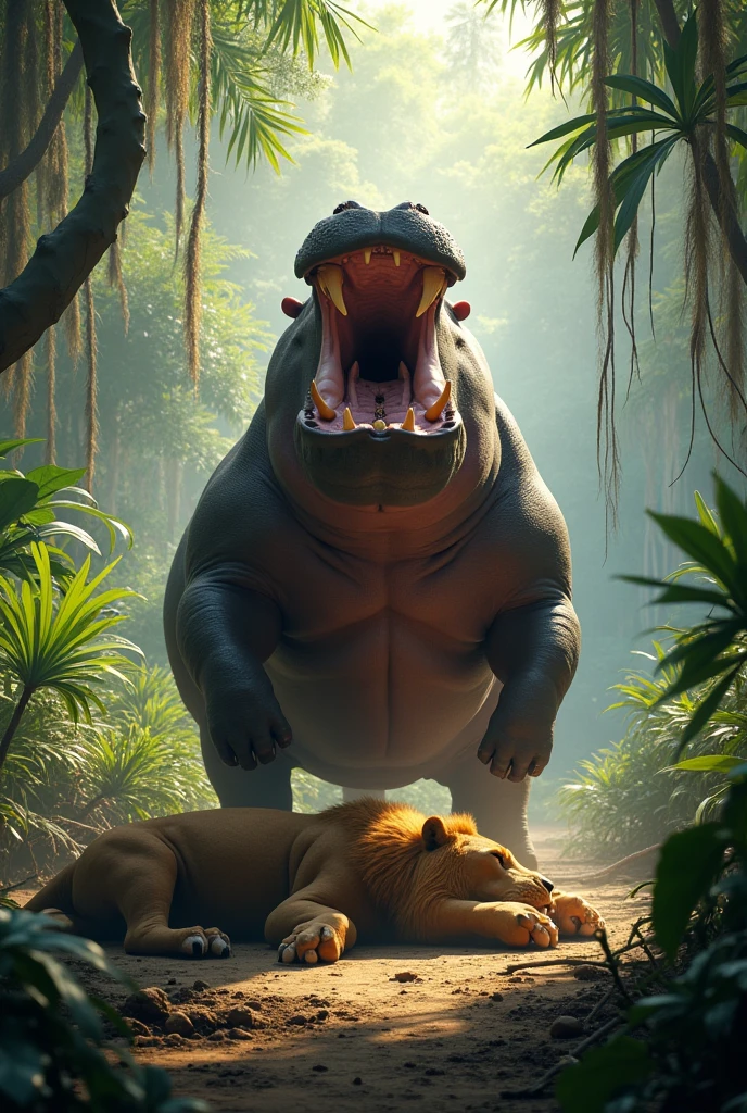 Hipopotamo standing on a dead lion that it fought in the beautiful jungle