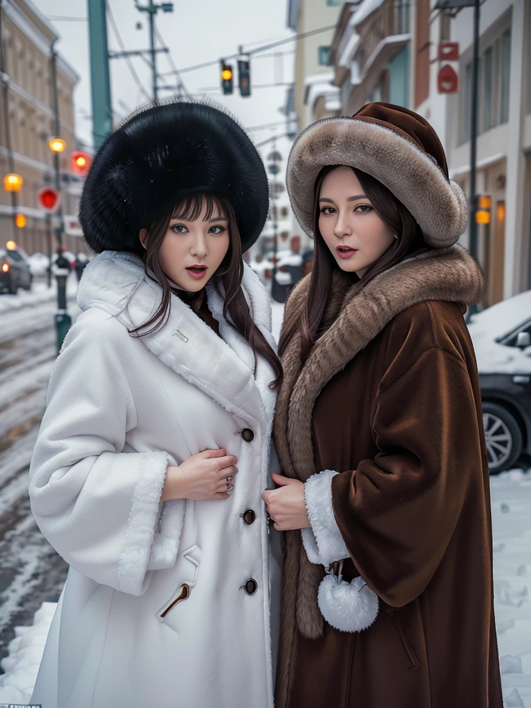 Winter street corner in Russia、snow、Women wearing luxurious furs。(((Typical Russian woman in her 30s、A nasty expression that makes you want to open your mouth))),fur cape、Looking at this、(((Staring at the photographer、Pair of women)))、Fur coat。